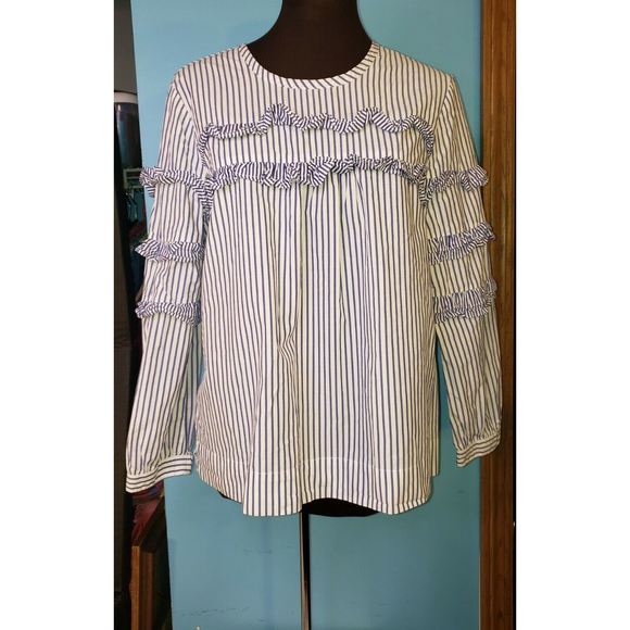 J CREW Blue Sz 8 TIERED TOP IN MIXED STRIPES Ruffle Blouse Style Prairie Cottage - Picture 1 of 12